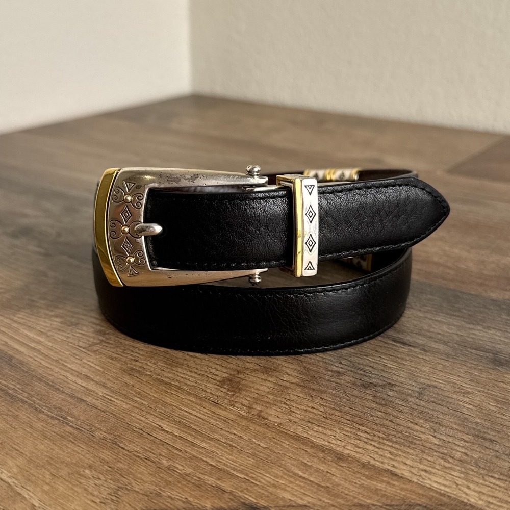 Brighton Leather Belt Silver Gold Ornate Buckle Black Womens Size 28 Small